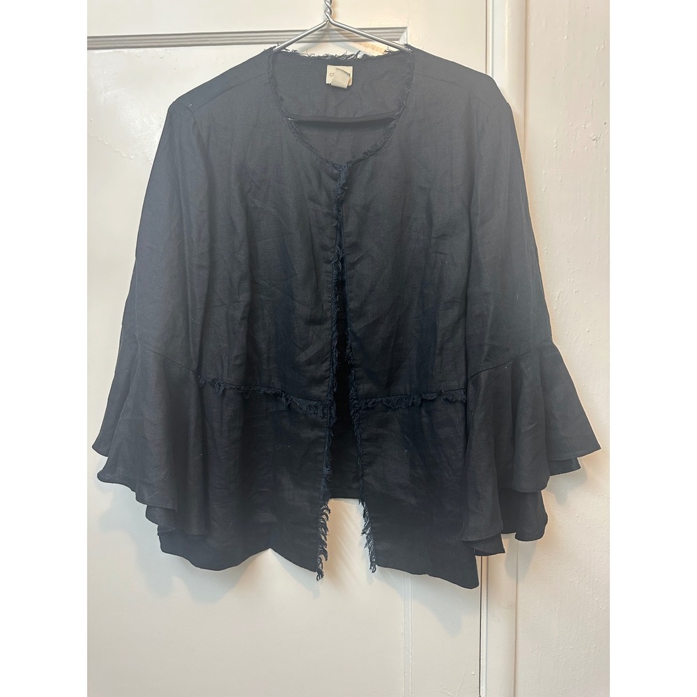 Chicos Black 100% Linen Tiered Bell Sleeve Frayed Edge Open Front Jacket Size 3